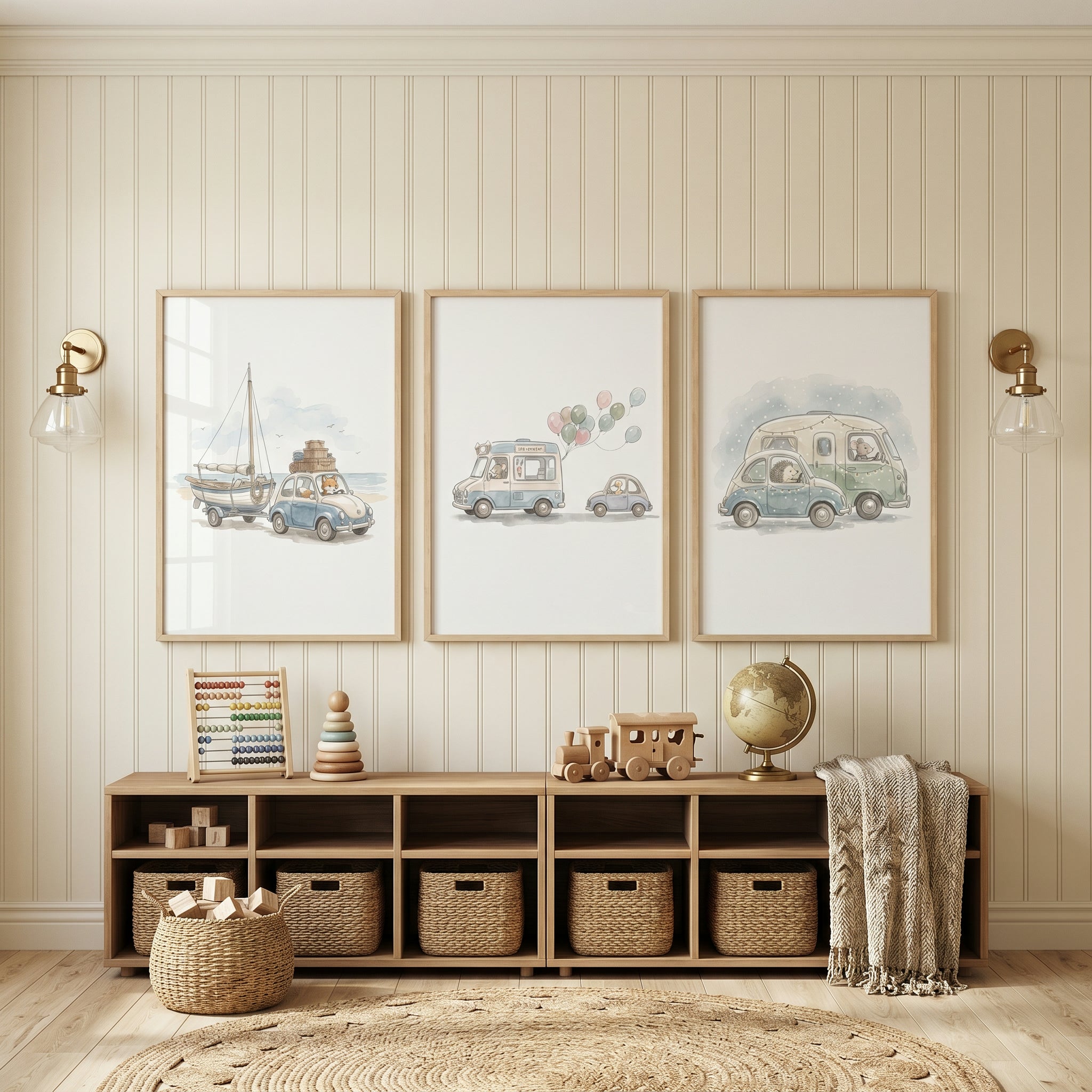 Watercolor Blue Vehicle Animals Wall Art Set of 3 - Tiny Road Adventures
