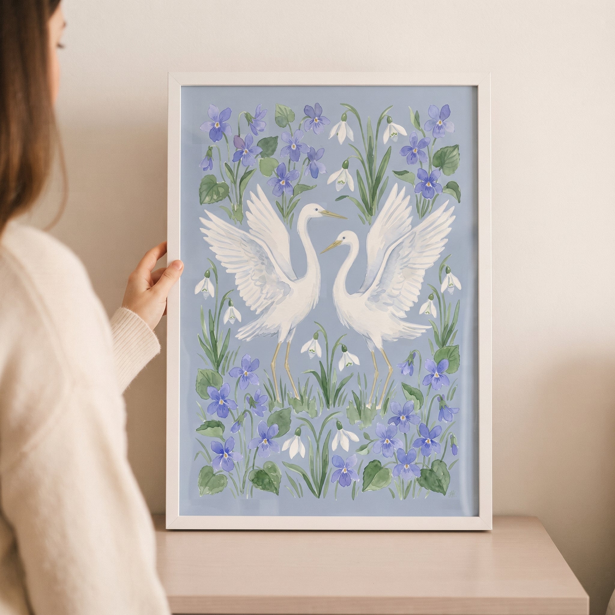 Watercolor Blue White Egret Bird Wall Art - Elegant Egret Garden