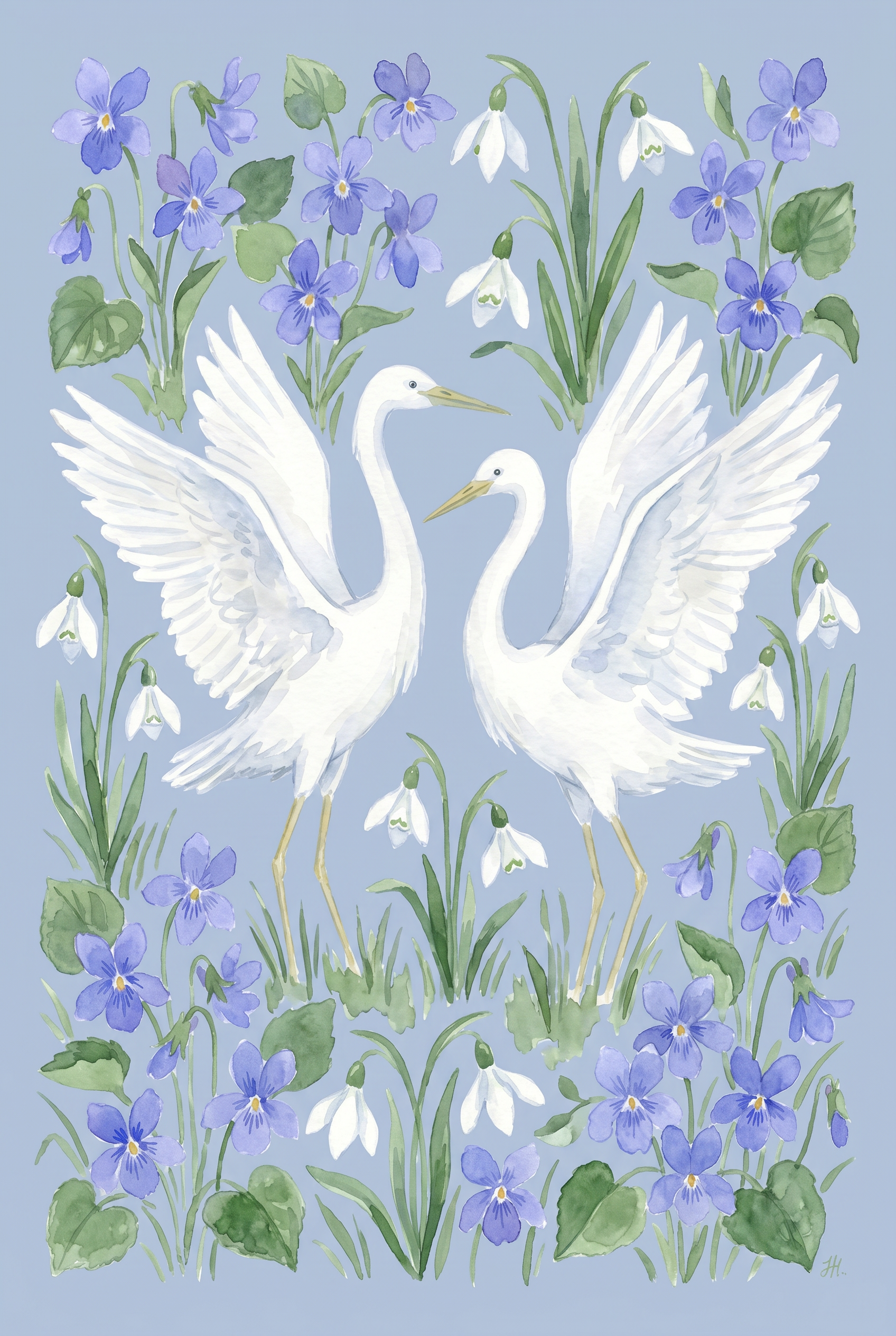 Watercolor Blue White Egret Bird Wall Art - Elegant Egret Garden
