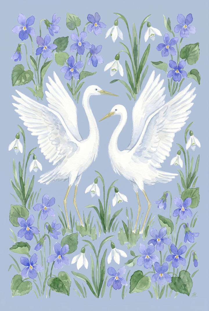 Watercolor blue white egret bird wall art shows two egrets with wings spread among purple violets and white snowdrops.