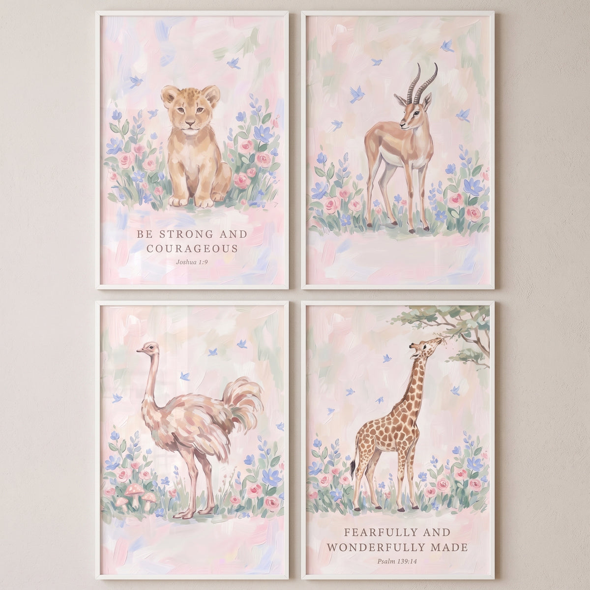Watercolor Bluebird African Animals Wall Art Set Of 4 - Biblical Safari Art