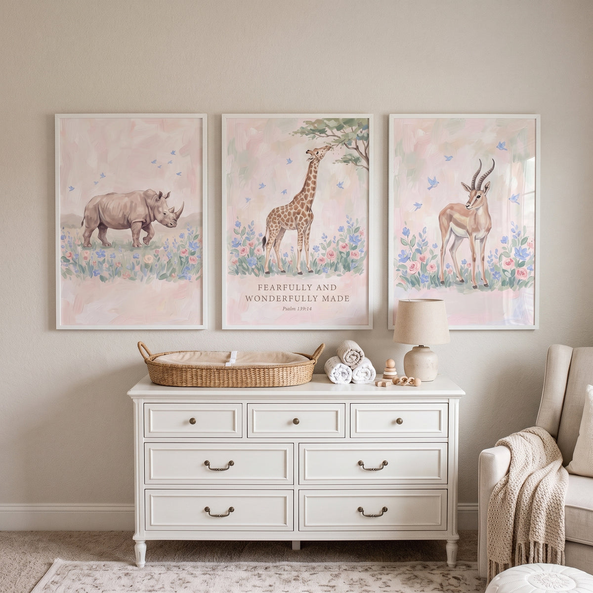 Watercolor Bluebird Safari Animals Wall Art Set Of 3 - Pastel African Animals
