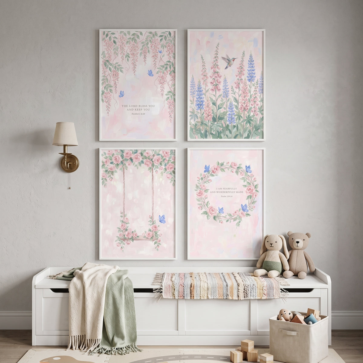 Watercolor Blush Blue Garden Wall Art Set of 4 - Soft Garden Whispers