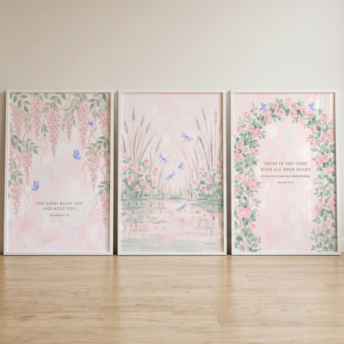 Watercolor Blush Floral Garden Wall Art Set of 3 - Graceful Garden Verses