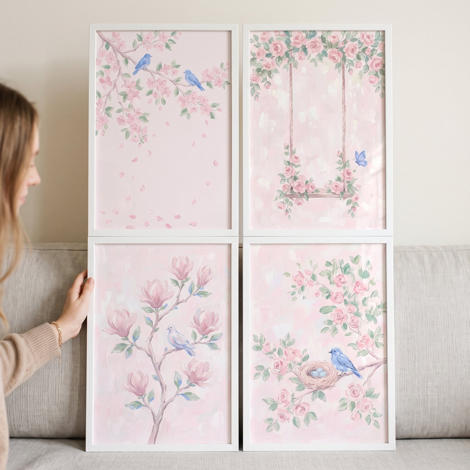 Watercolor blush pink garden wall art set of 4 with blue birds, florals, and a garden swing held by a woman.