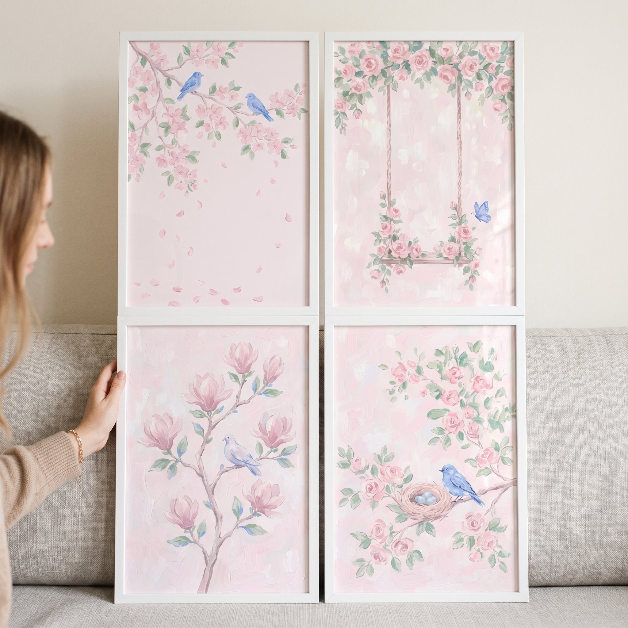 Watercolor Blush Pink Garden Wall Art Set of 4 - Blush Garden Serenity
