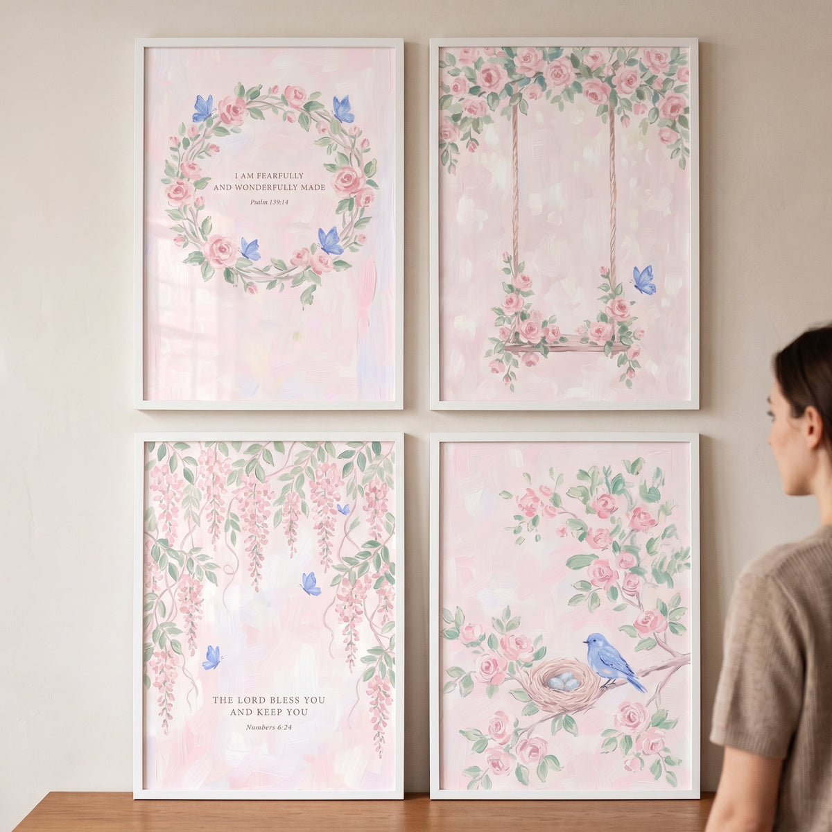 Watercolor blush rose wall art set of 4 featuring floral wreaths, a swing, and a blue bird with scripture.