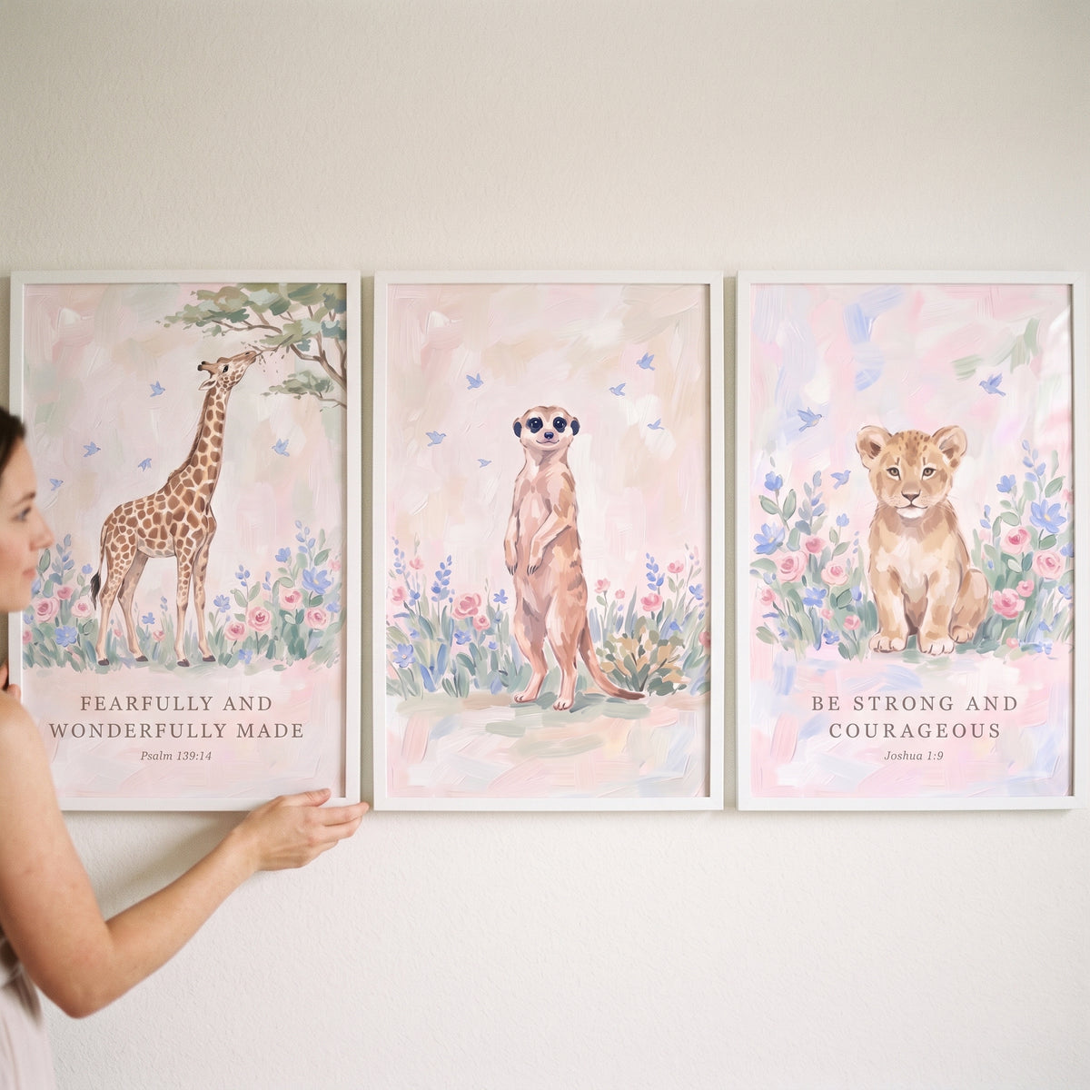 Watercolor Blush Safari Animals Wall Art Set of 3 - Blessed Nursery Decor