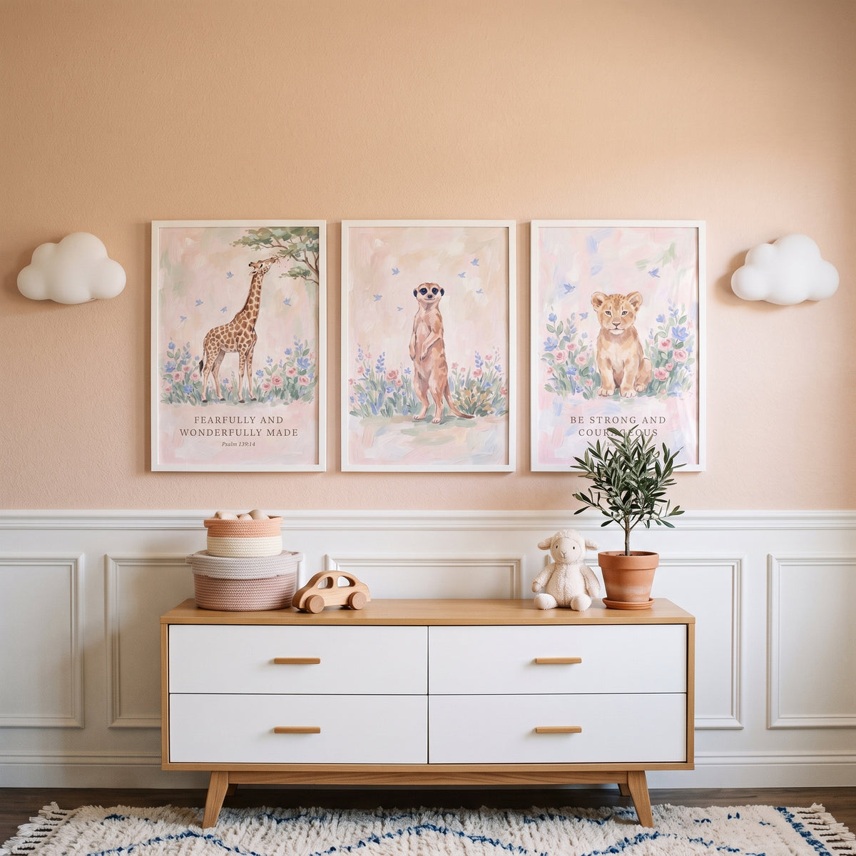 Watercolor Blush Safari Animals Wall Art Set of 3 - Blessed Nursery Decor