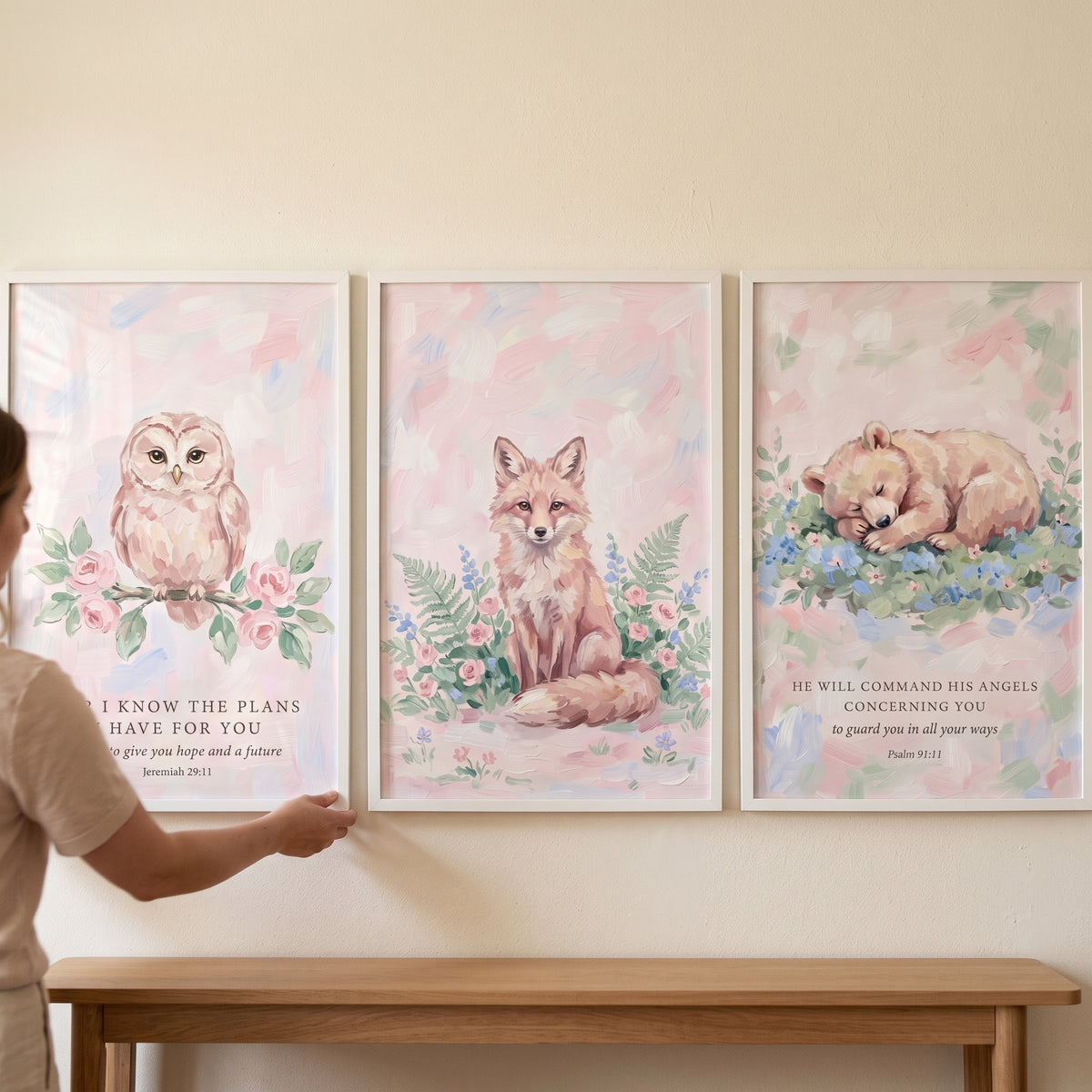 Watercolor Blush Woodland Animals Wall Art Set of 3 - Woodland Scripture Trio