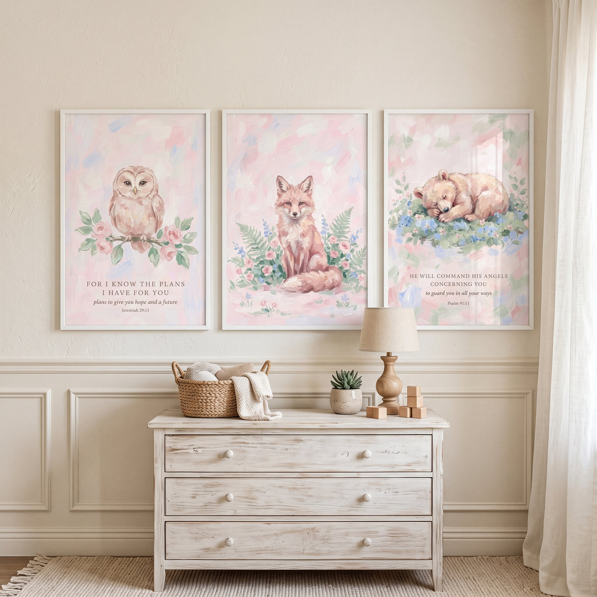 Watercolor Blush Woodland Animals Wall Art Set of 3 - Woodland Scripture Trio