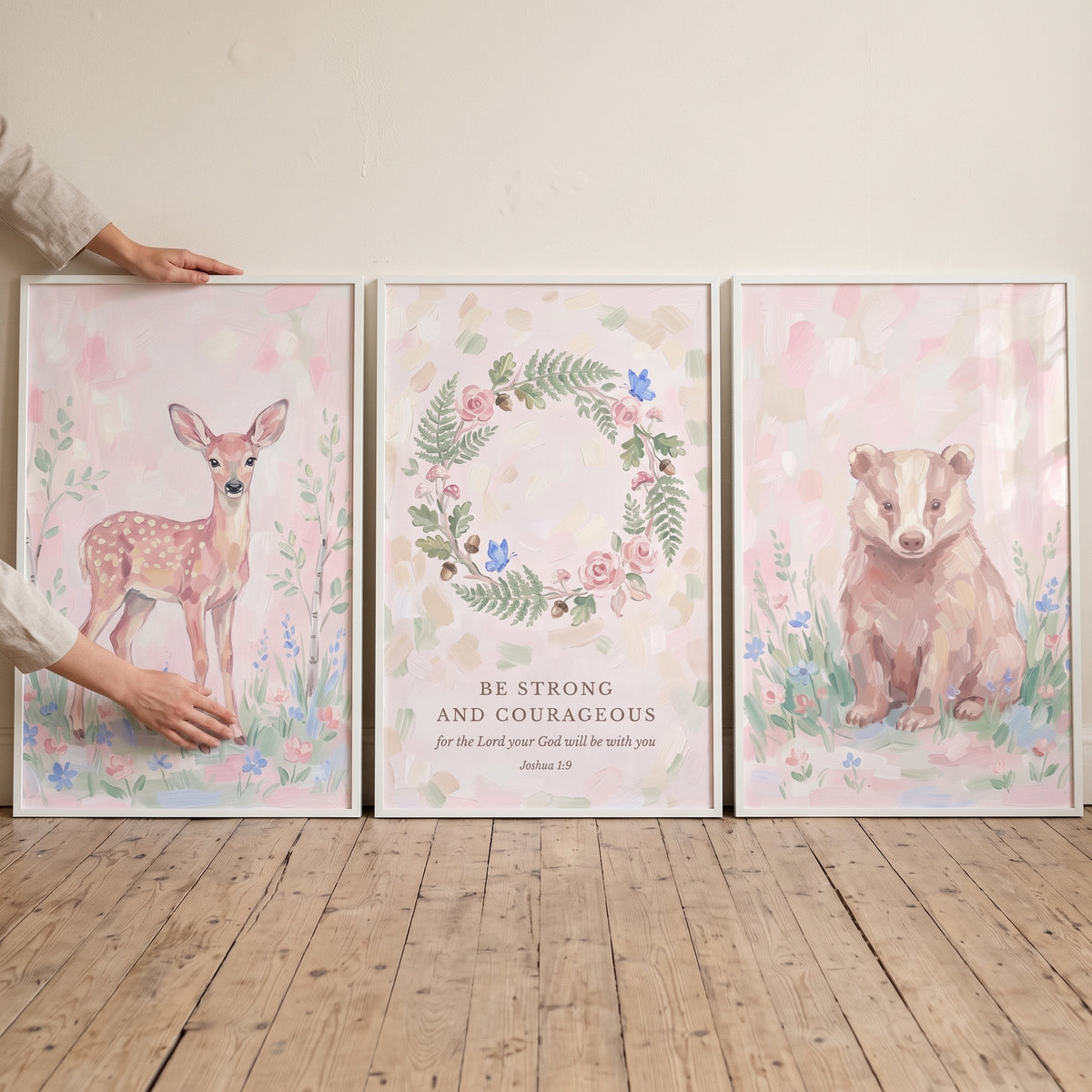 Watercolor Blush Woodland Nature Wall Art Set of 3 - Strong Courageous Trio