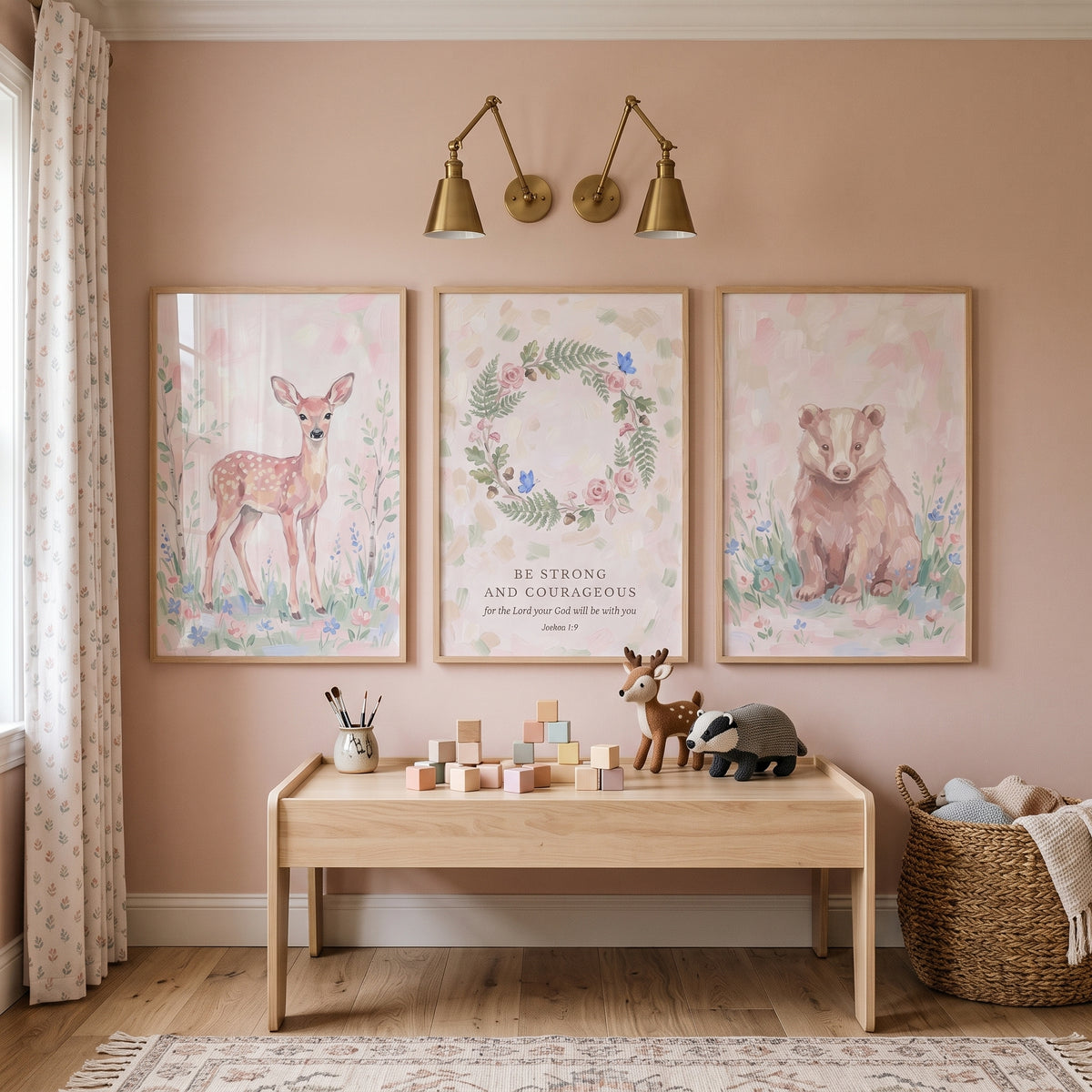 Watercolor Blush Woodland Nature Wall Art Set of 3 - Strong Courageous Trio
