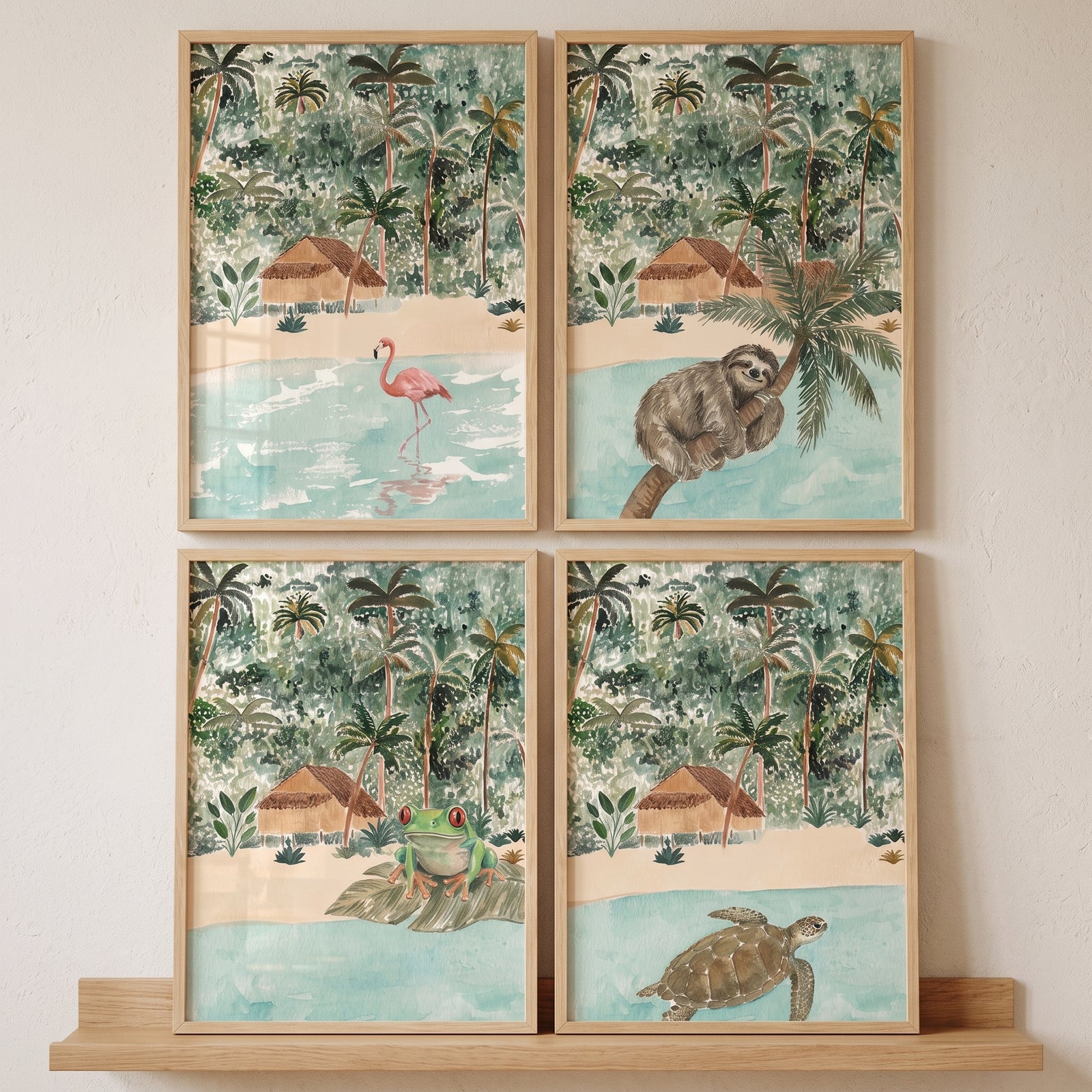 Watercolor boho tropical animals wall art set of 4 featuring a flamingo, sloth, frog, and turtle in tropical scenes.