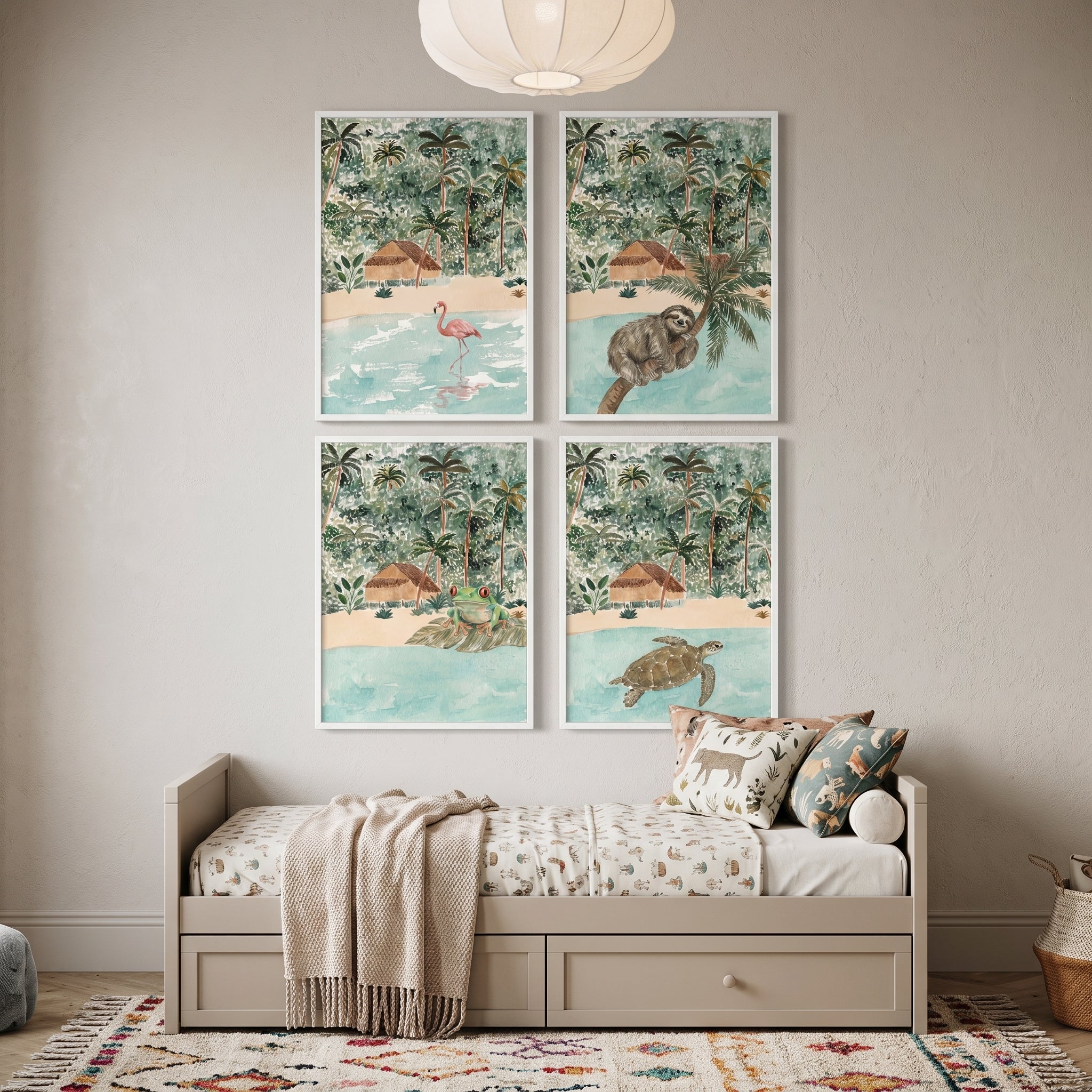 Watercolor Boho Tropical Animals Wall Art Set of 4 - Tropical Animal Friends