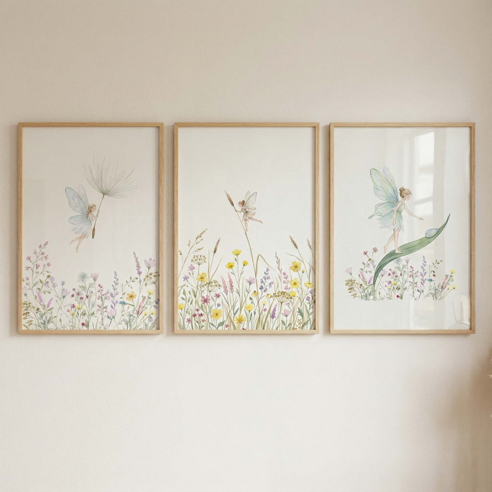 Three vertically oriented pieces of art in light wood frames are displayed on a neutral wall. Each illustration features a delicate, watercolor-style scene with small winged figures and vibrant wildflowers against a clean white background. One depicts a tiny winged figure near a dandelion seed, another shows a figure climbing a slender grass stem, and the third portrays a figure walking along a curved green leaf. The aesthetic is soft and whimsical, using pastel pink, blue, and yellow tones.