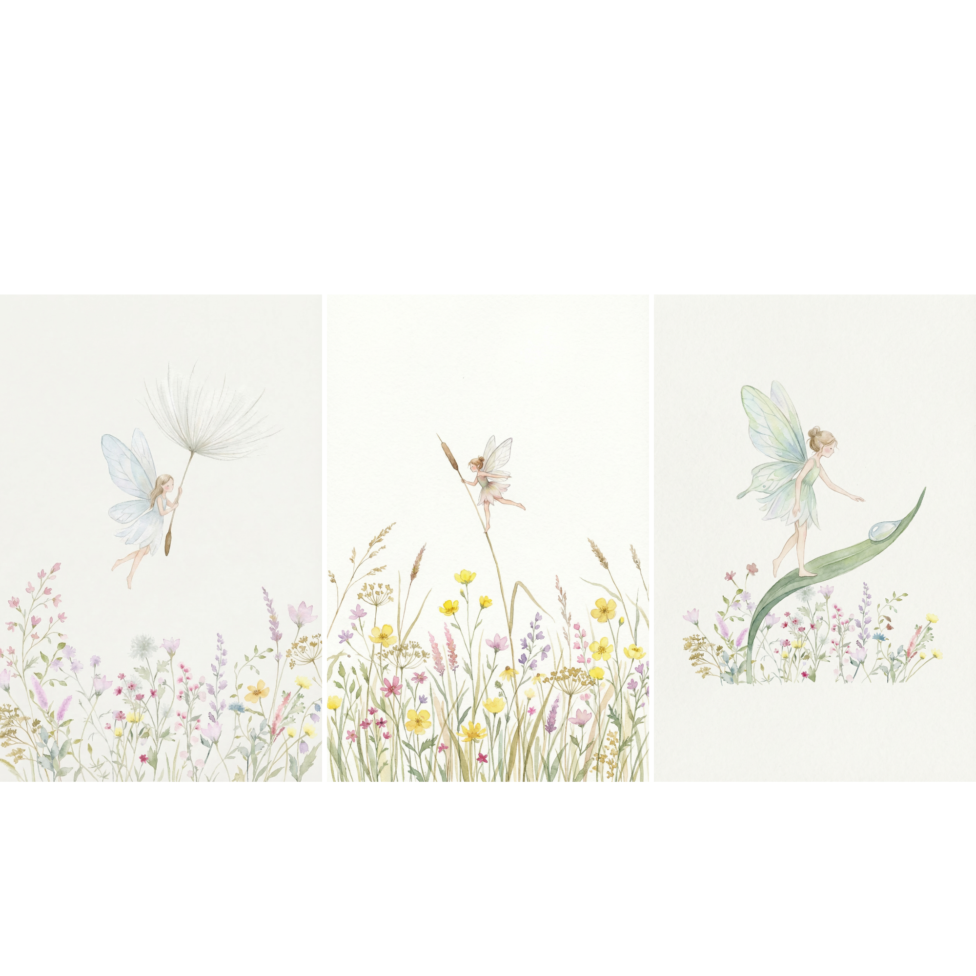 Watercolor Botanical Flower Fairy Wall Art Set of 3 - Whimsical Meadow Fairies