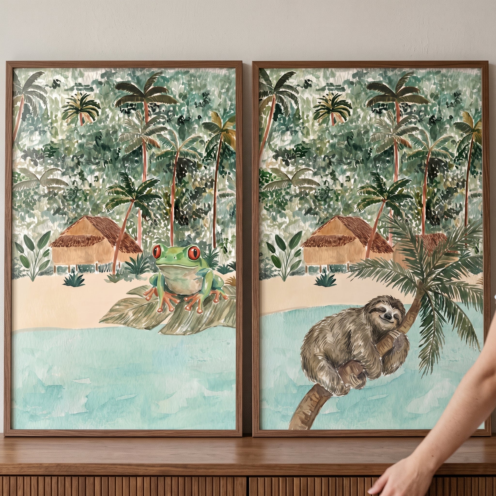 Watercolor Botanical Island Animals Wall Art Set of 2 - Lush Island Oasis