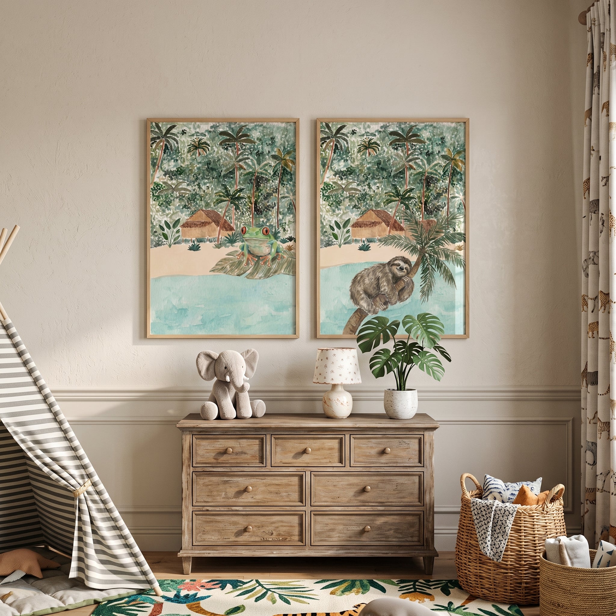 Watercolor Botanical Island Animals Wall Art Set of 2 - Lush Island Oasis