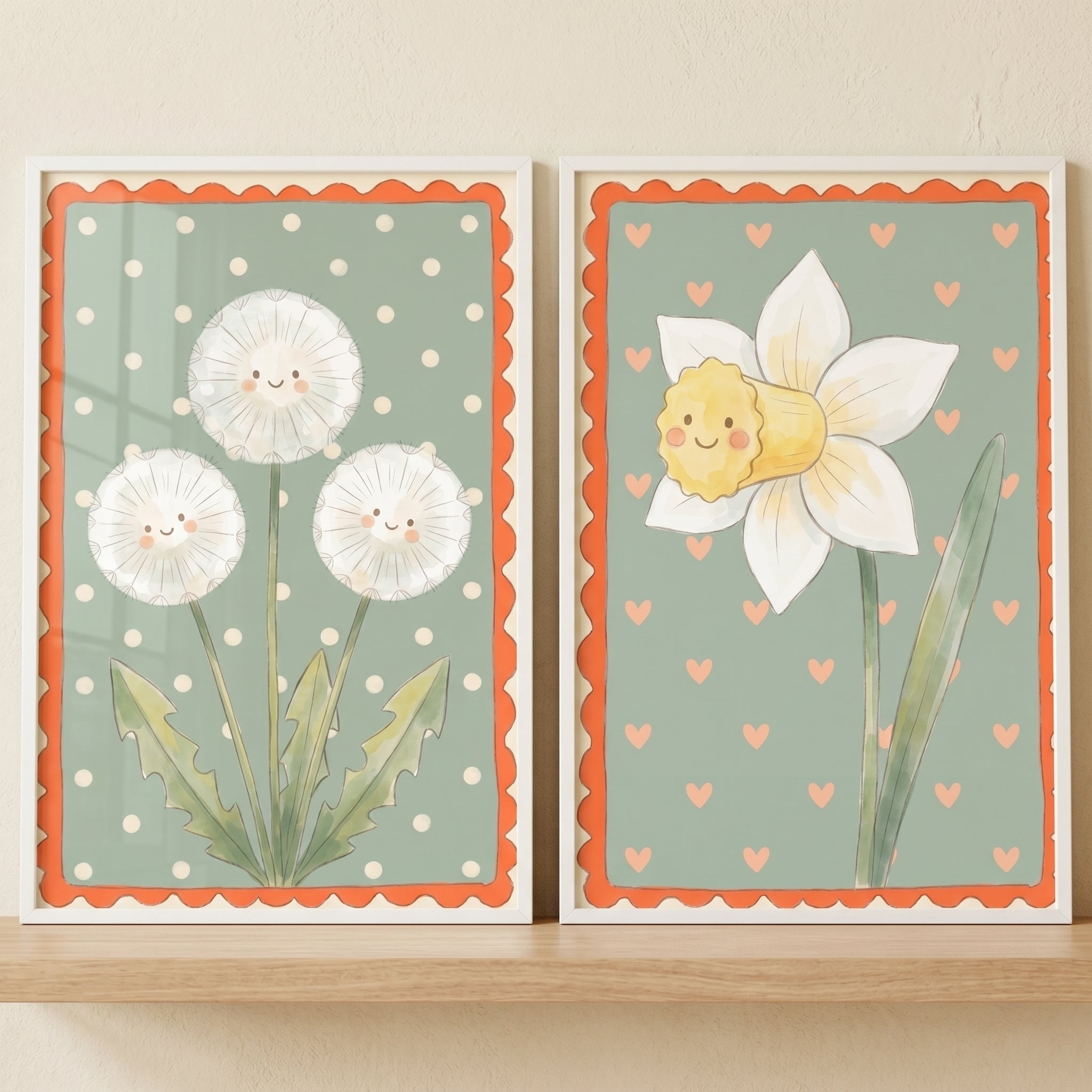 Watercolor Botanical Smiling Flower Wall Art Set of 2 - Sweet Meadow Flowers