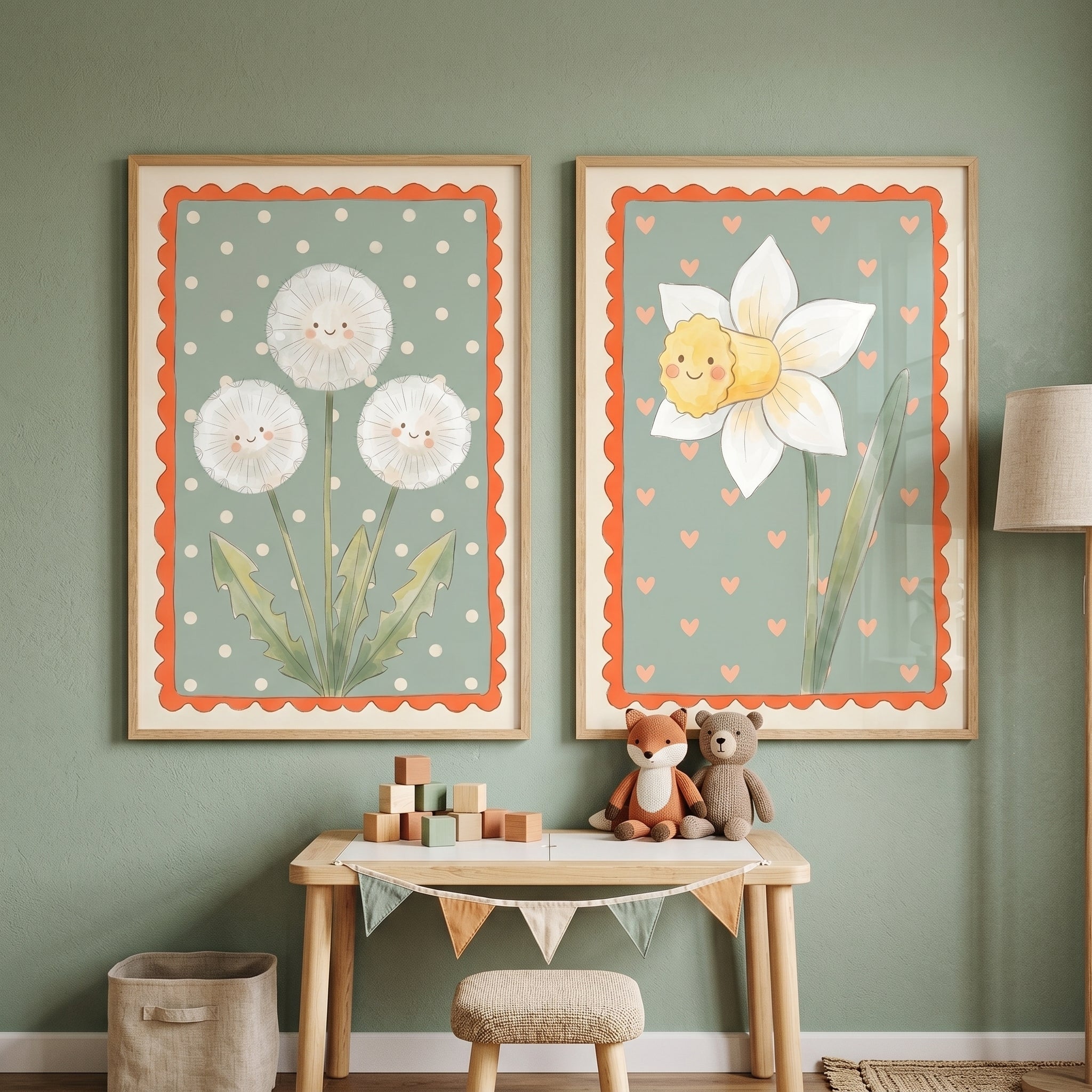 Watercolor Botanical Smiling Flower Wall Art Set of 2 - Sweet Meadow Flowers