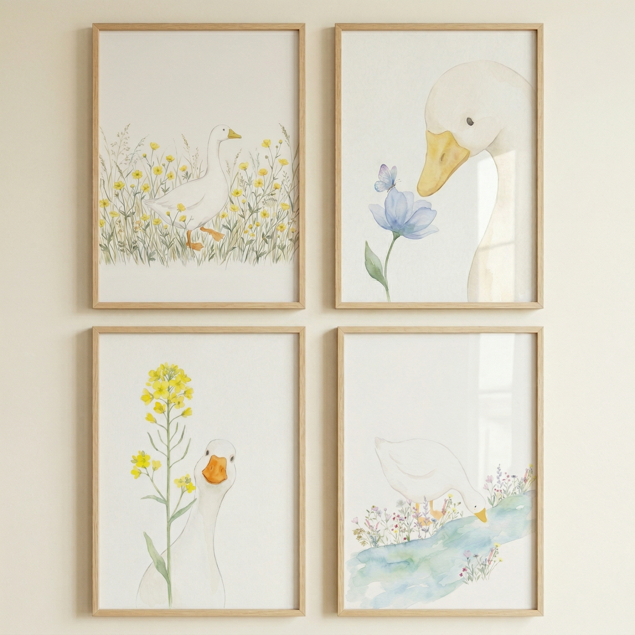 Watercolor Botanical White Goose Wall Art Set of 4 - Gentle Goose Meadow