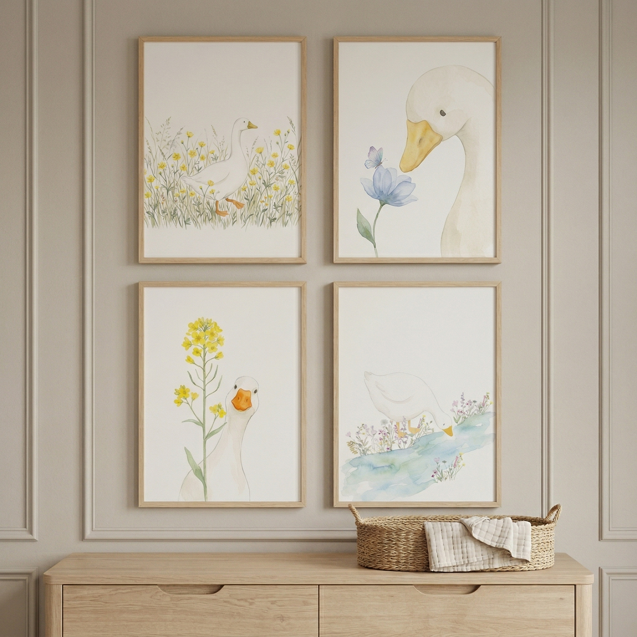 Four framed watercolor-style illustrations are arranged in a grid on a light-colored, paneled wall. Each piece features a white duck in a soft, natural scene. The top-left shows a duck in a field of yellow flowers; the top-right shows a duck head near a blue flower; the bottom-left shows a duck by a tall yellow flower; and the bottom-right shows a duck by a stream. The art is in light wood frames above a matching wooden dresser. A small woven basket with a cloth sits on the dresser top.