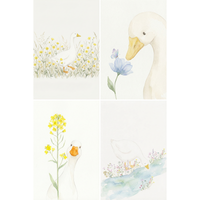 Four soft watercolor style illustrations of a white duck. Top left: the duck walks through a meadow of yellow wildflowers. Top right: a close-up profile of the duck looking at a light blue flower with a tiny butterfly. Bottom left: the duck peeks from behind a tall stalk of yellow blossoms. Bottom right: the duck leans toward a blue stream surrounded by small, colorful wildflowers. The art uses muted pastel tones on a minimalist white background.