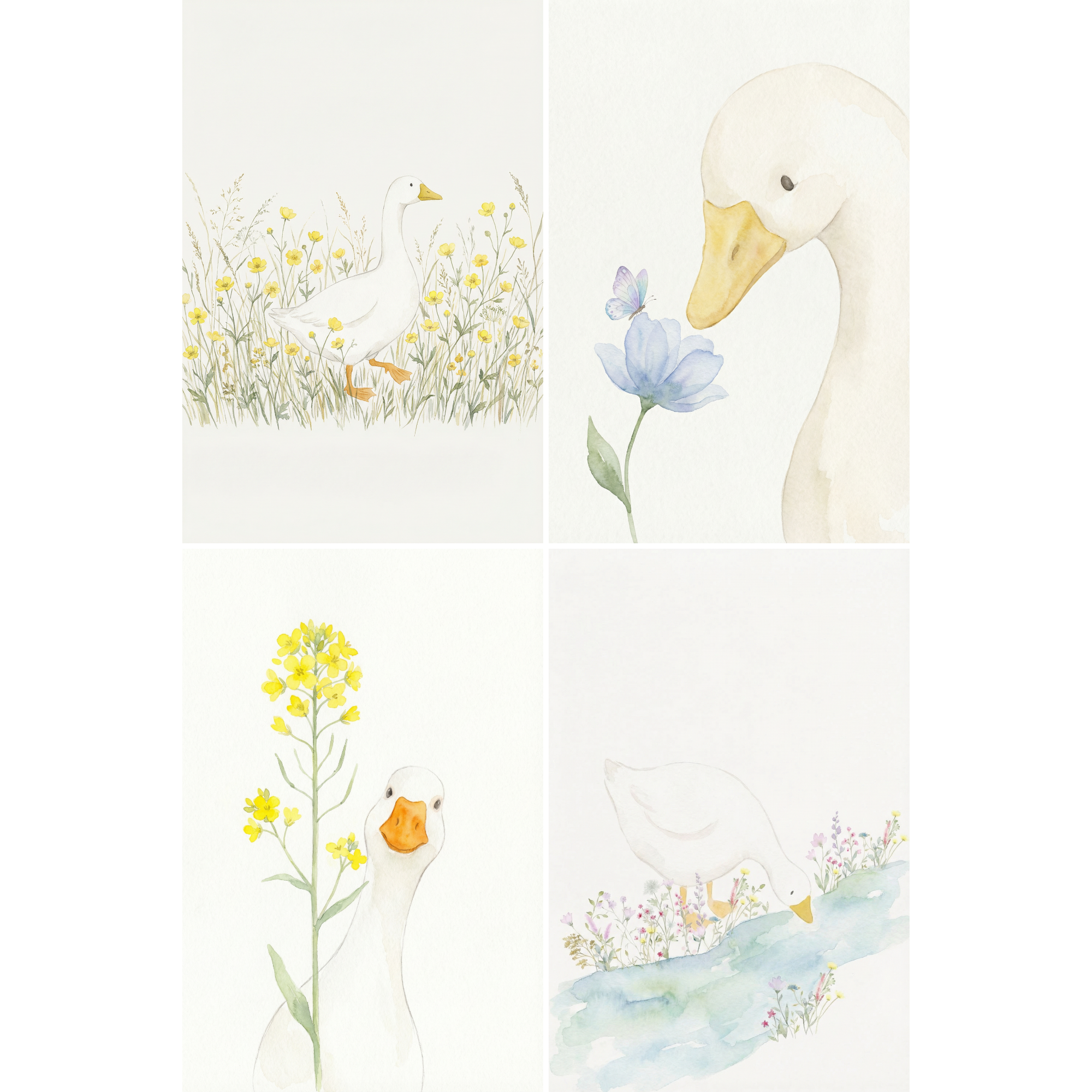 Watercolor Botanical White Goose Wall Art Set of 4 - Gentle Goose Meadow