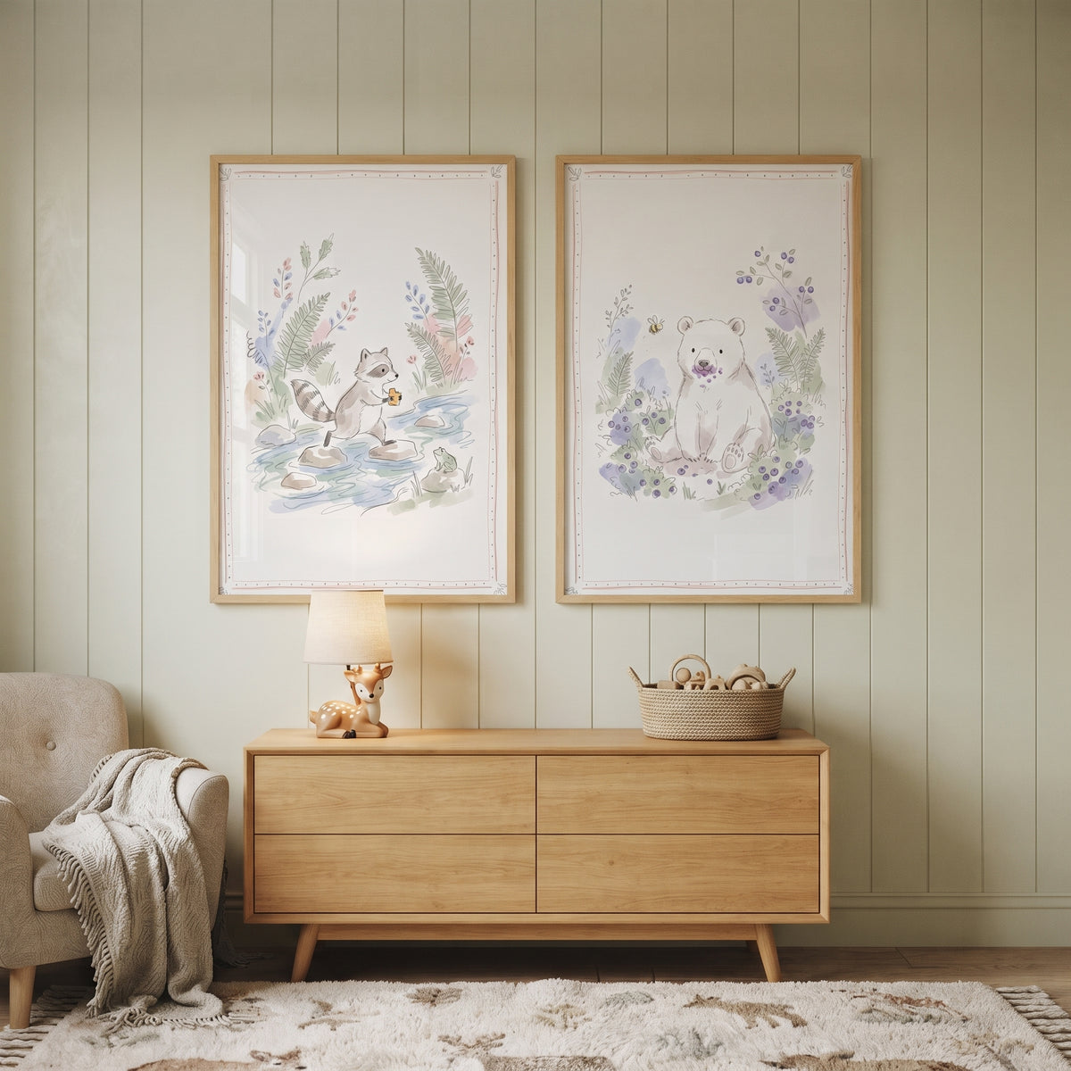 Watercolor Botanical Woodland Animal Wall Art Set of 2 - Woodland Animal Tales