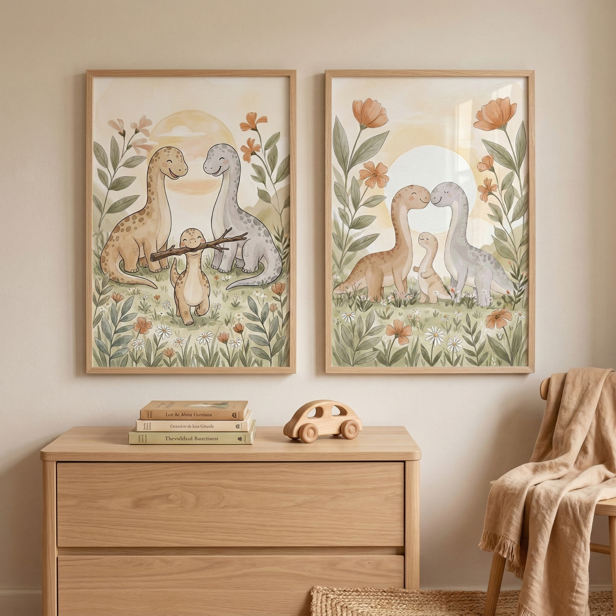 Two framed illustrations hang side-by-side on a neutral-colored wall in a soft, cozy room. The artwork on the left features a family of three long-necked dinosaurs in a field of wildflowers under a rising sun; a small baby dinosaur carries a stick in its mouth. The artwork on the right shows the same dinosaur family, with the two larger ones touching noses to form a gentle curve. Below the frames is a light wood dresser holding three books and a small wooden toy car. 