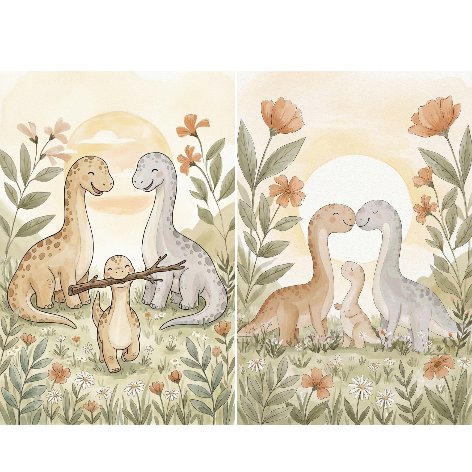 Two panel illustration of a gentle dinosaur family in a soft watercolor meadow with flowers and warm sunset light. In the left panel a smiling baby dinosaur proudly carries a large stick while two long neck parents watch happily behind, and in the right panel the parents curve their necks together above the baby forming a heart shape while the family stands among flowers.
