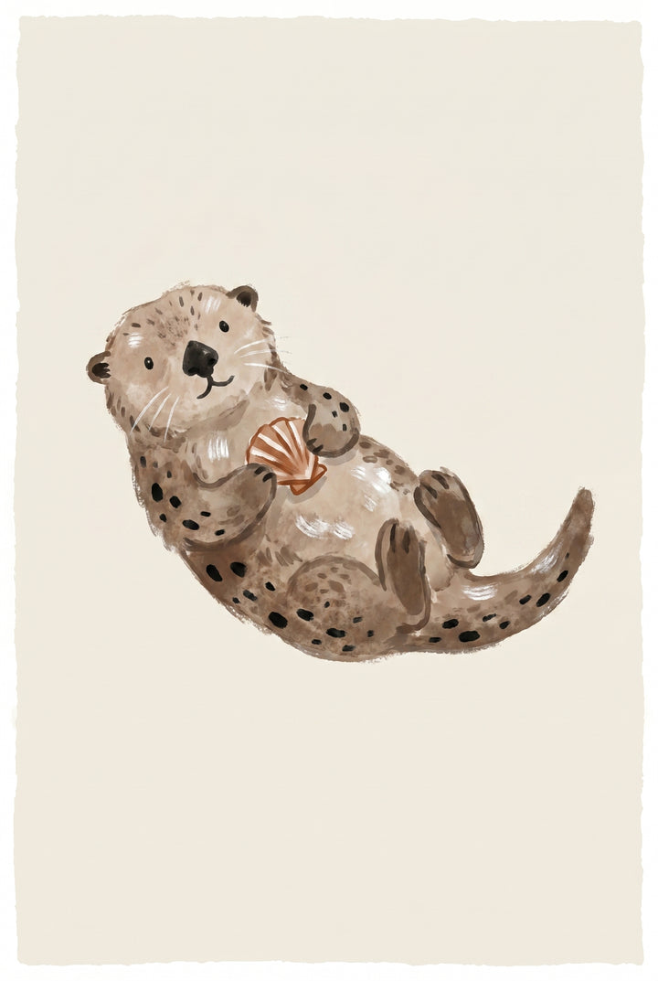 Watercolor brown sea otter wall art of a spotted otter floating on its back and holding a seashell.