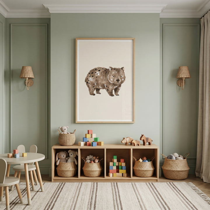 Watercolor brown spotted wombat wall art hangs in a sage green playroom with wooden toys, shelving, and a striped rug.