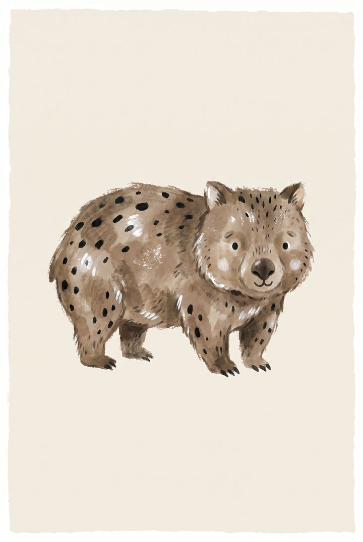 Watercolor brown spotted wombat wall art shows a cute animal with black spots on a simple cream background.