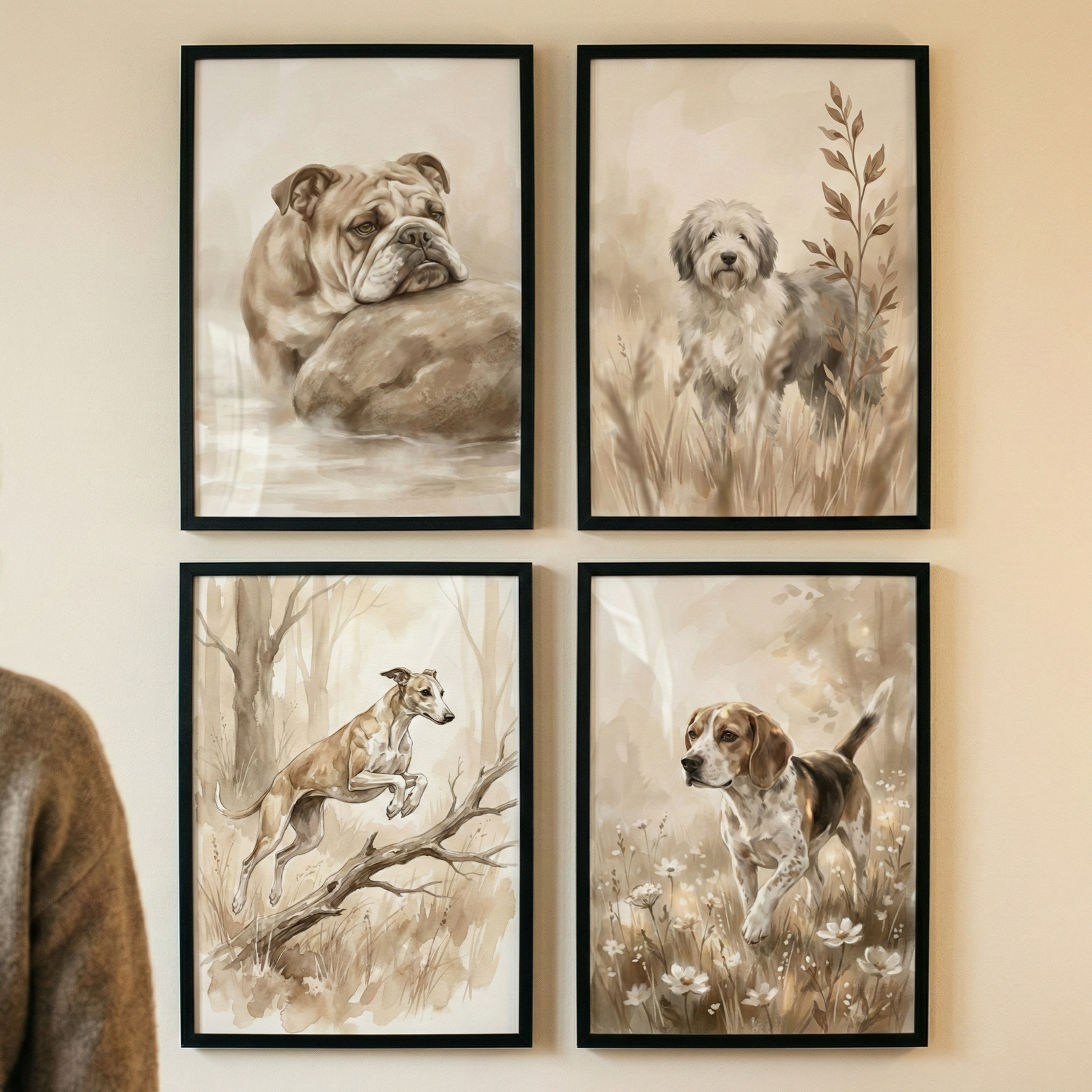 Four sepia toned dog illustrations displayed in black frames in a two by two grid on a wall. The artwork shows a bulldog resting its head on a rock, a shaggy dog standing in tall grass beside a leafy branch, a slender dog leaping over a fallen tree branch, and a spotted dog walking through a field of small flowers.