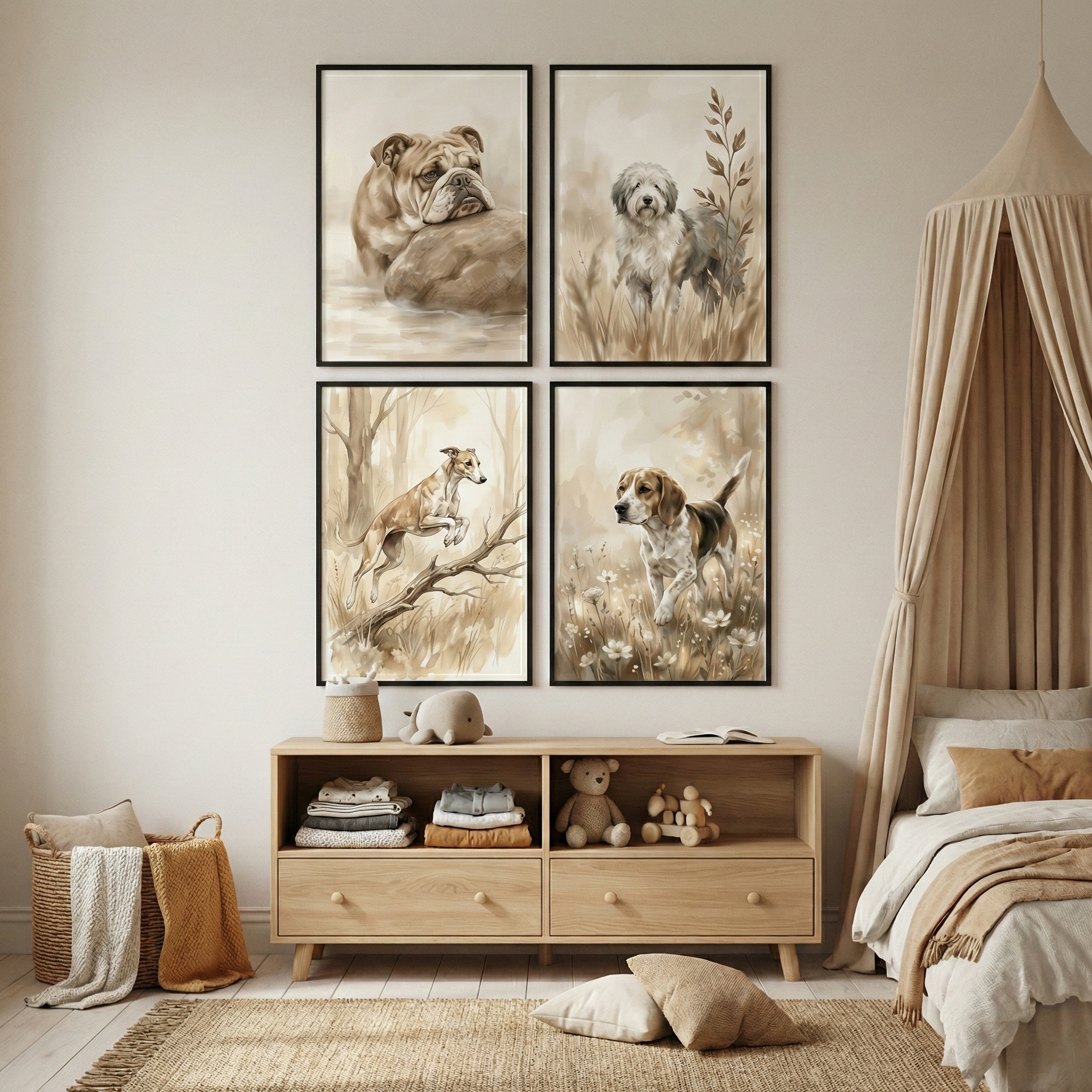 Dogs Wall Art Set of 4 - Rustic Dog Sketches