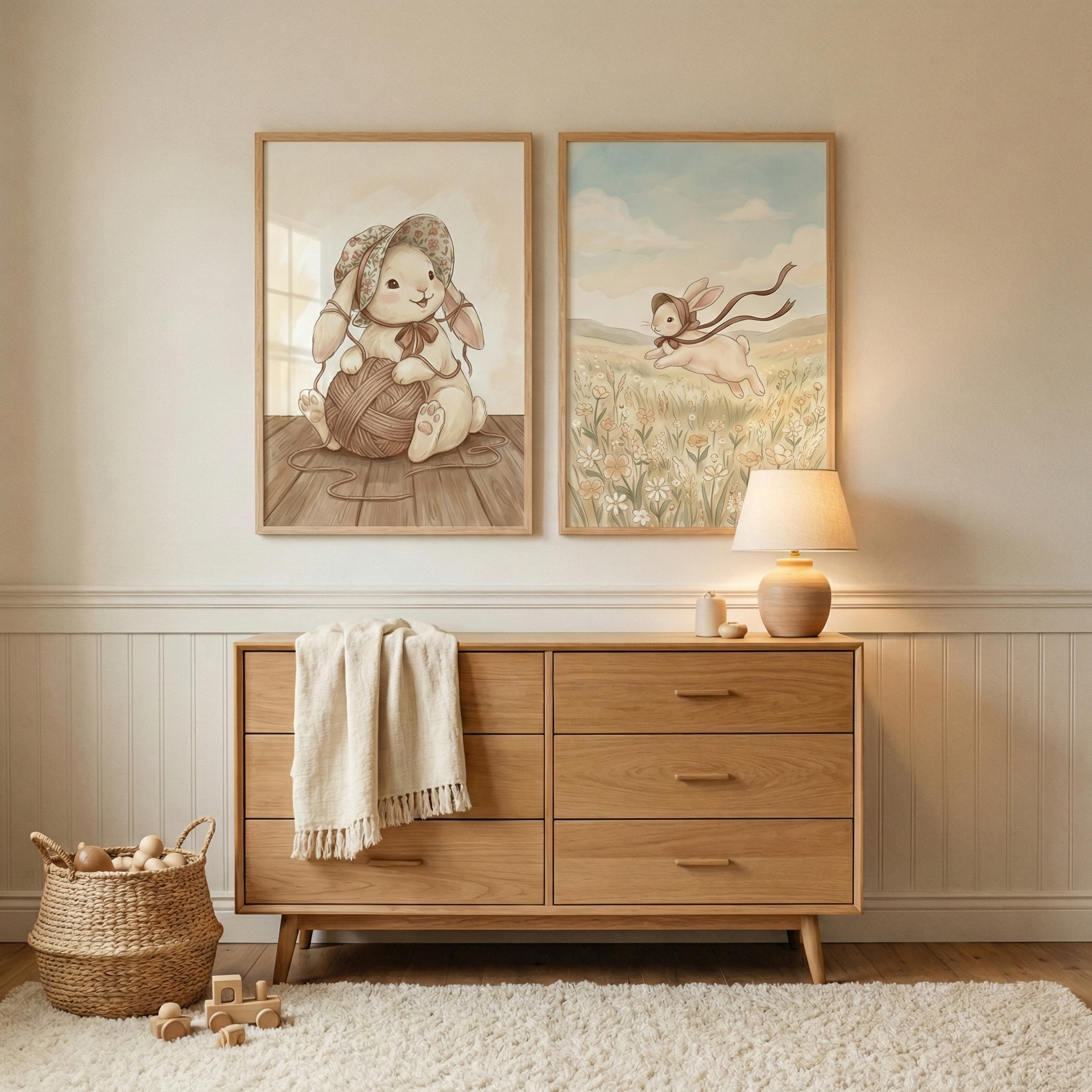 A cozy, neutral-toned nursery features a light wood dresser with six drawers. A white fringed throw is draped over one side. On top, a small ceramic lamp glows warmly next to simple wooden decor. Above the dresser hang two framed illustrations of a cartoon rabbit in a bonnet; one shows the rabbit with yarn, the other running through a meadow. A woven basket with wooden toys sits on the floor beside a white shag rug. The walls have cream-colored paneling under soft, natural light.