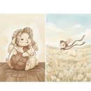 Two soft, storybook-style illustrations of a bunny in gentle pastel scenes. One shows a bunny wearing a floral bonnet sitting on a wooden floor while playing with a large ball of yarn, with the yarn wrapped loosely around its paws. The other shows a bunny wearing a bonnet and ribbon happily leaping through a sunlit meadow filled with wildflowers under a soft blue sky.
