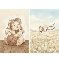Two soft, storybook-style illustrations of a bunny in gentle pastel scenes. One shows a bunny wearing a floral bonnet sitting on a wooden floor while playing with a large ball of yarn, with the yarn wrapped loosely around its paws. The other shows a bunny wearing a bonnet and ribbon happily leaping through a sunlit meadow filled with wildflowers under a soft blue sky.

