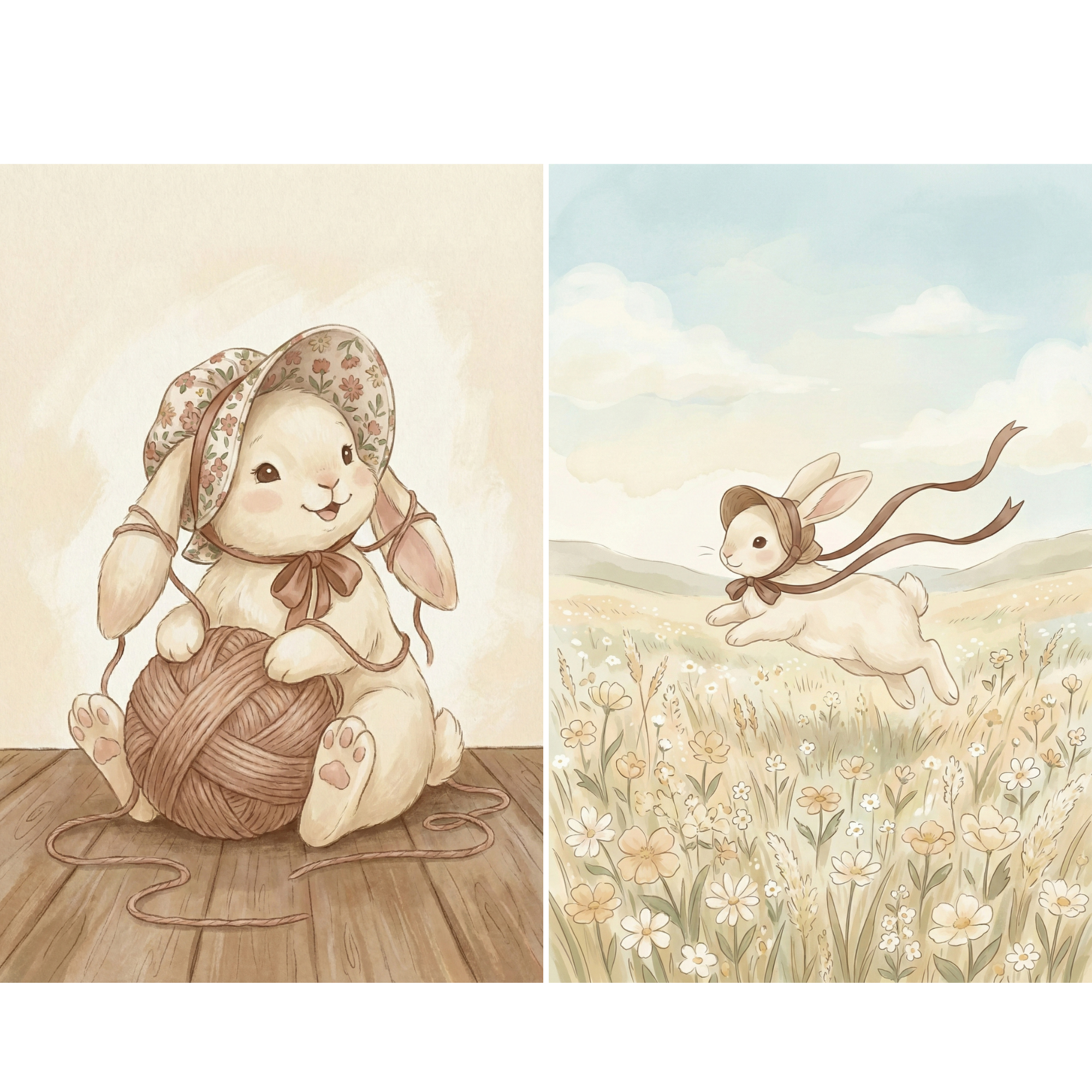 Two soft, storybook-style illustrations of a bunny in gentle pastel scenes. One shows a bunny wearing a floral bonnet sitting on a wooden floor while playing with a large ball of yarn, with the yarn wrapped loosely around its paws. The other shows a bunny wearing a bonnet and ribbon happily leaping through a sunlit meadow filled with wildflowers under a soft blue sky.
