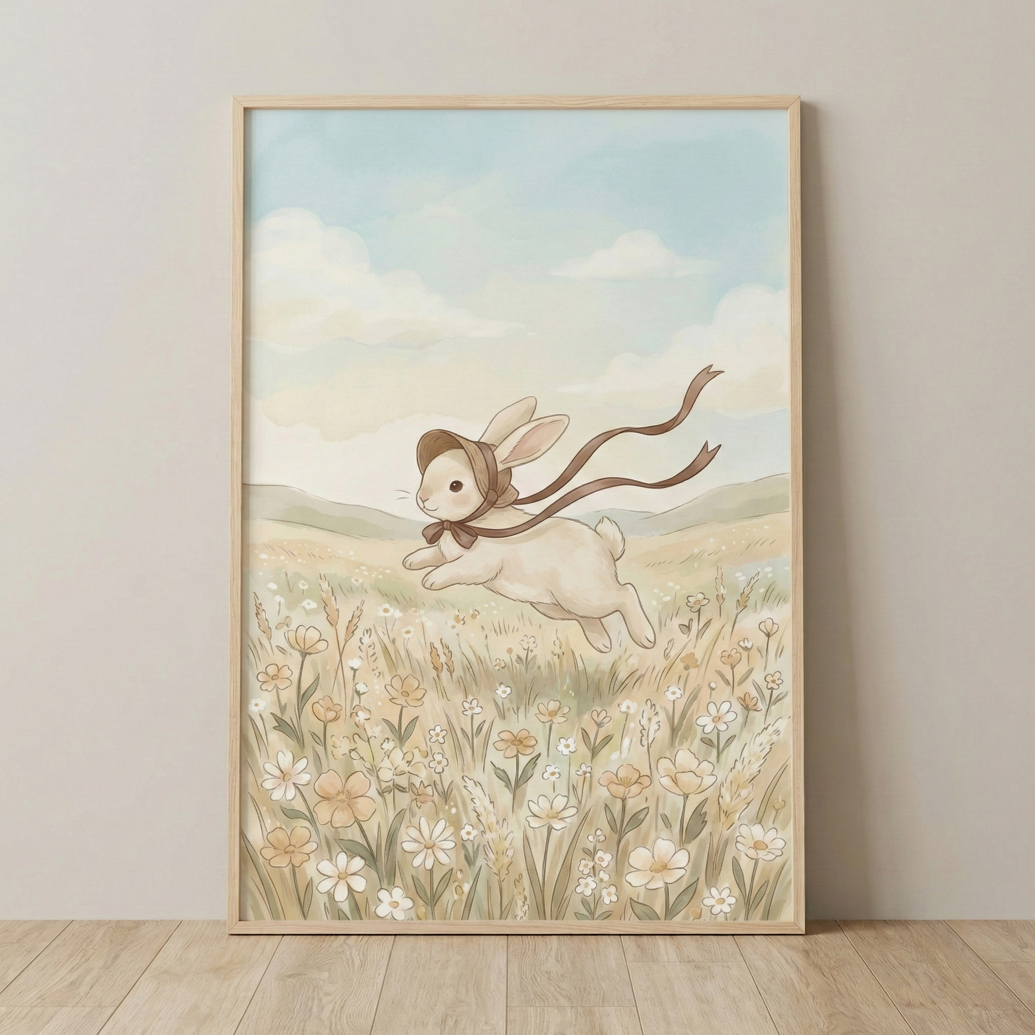 A watercolor-style illustration of a cream-colored bunny rabbit leaping through a meadow of wildflowers. The rabbit wears a brown bonnet with long ribbons streaming behind it. The field is filled with delicate white, yellow, and orange blossoms. In the background, gentle hills are set against a light blue sky with soft clouds. The artwork is presented in a light wood frame, leaning against a wall on a wooden floor. The scene has a soft, whimsical, and peaceful aesthetic.