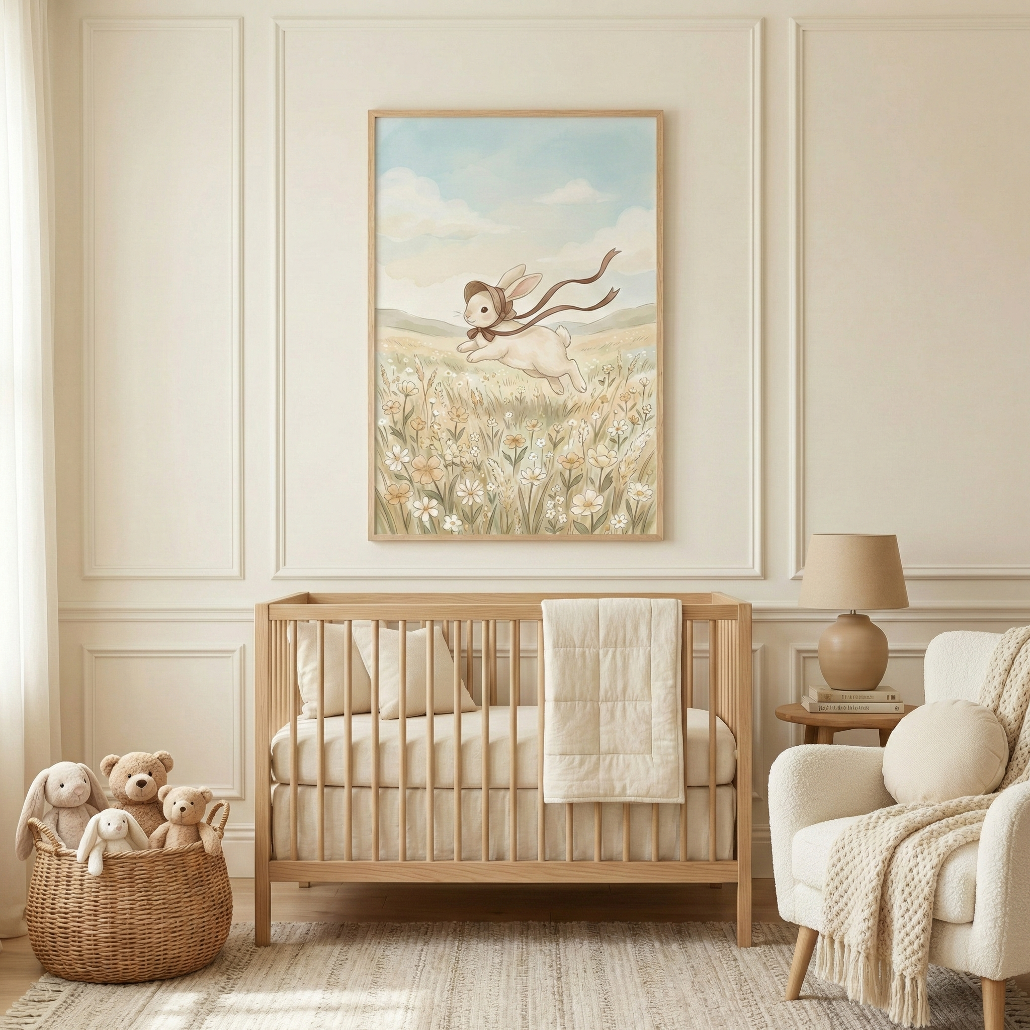 This image showcases a serene and elegantly designed nursery or child's room, decorated in a palette of warm, soft neutral tones. At the center of the room is a light-colored wooden crib, dressed in cream bedding and featuring a white quilted blanket draped over its side.

