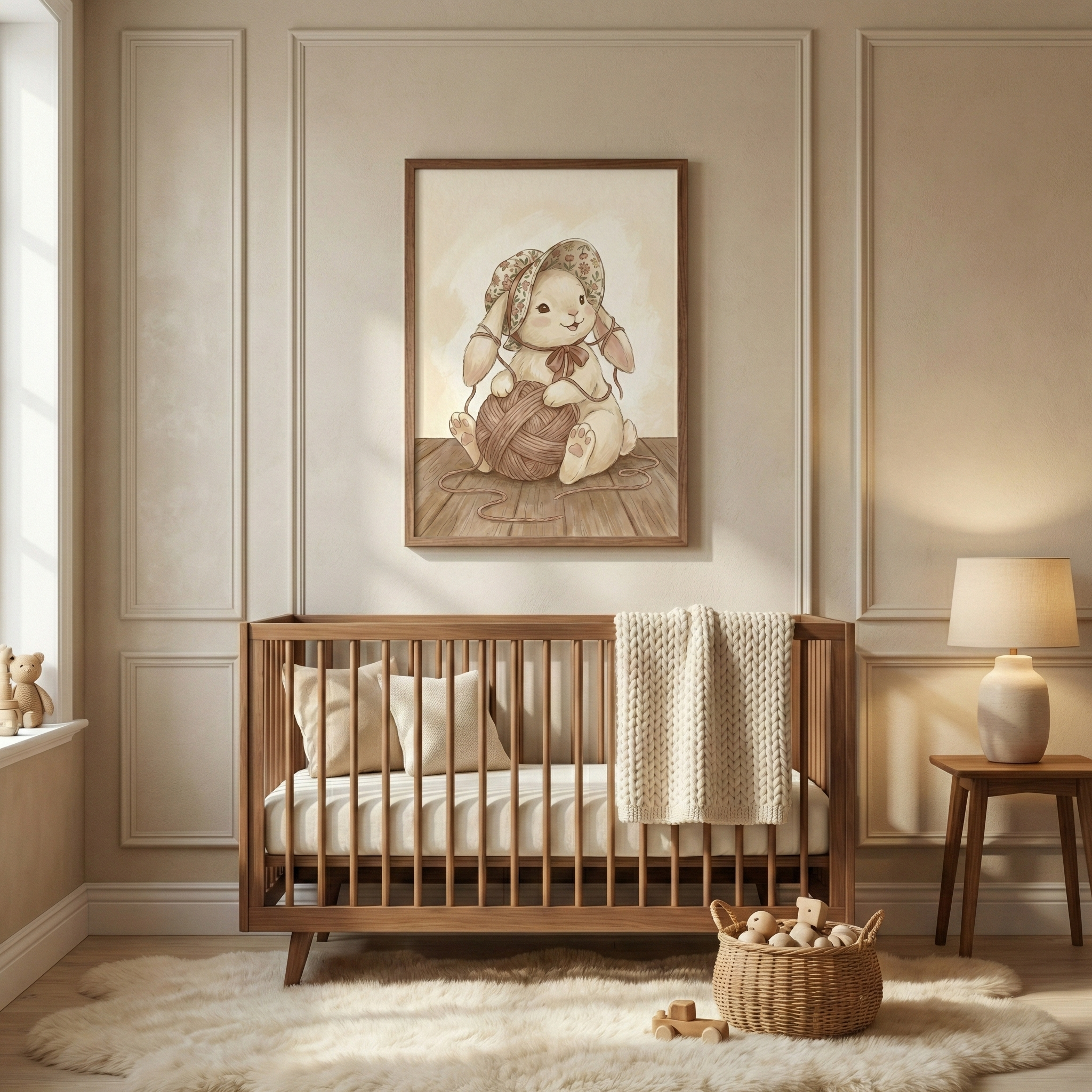 A serene nursery in warm, neutral tones. A mid-century modern wooden crib with a striped mattress and soft pillows sits against a wall with elegant molding. A cream-colored knit blanket is draped over the crib's side. On a white fuzzy rug below, a woven basket overflows with wooden toys. Centered above the crib is a large framed illustration of a cute white bunny in a sun hat, holding a ball of yarn. A simple lamp on a small wooden table adds a soft glow to the cozy room.