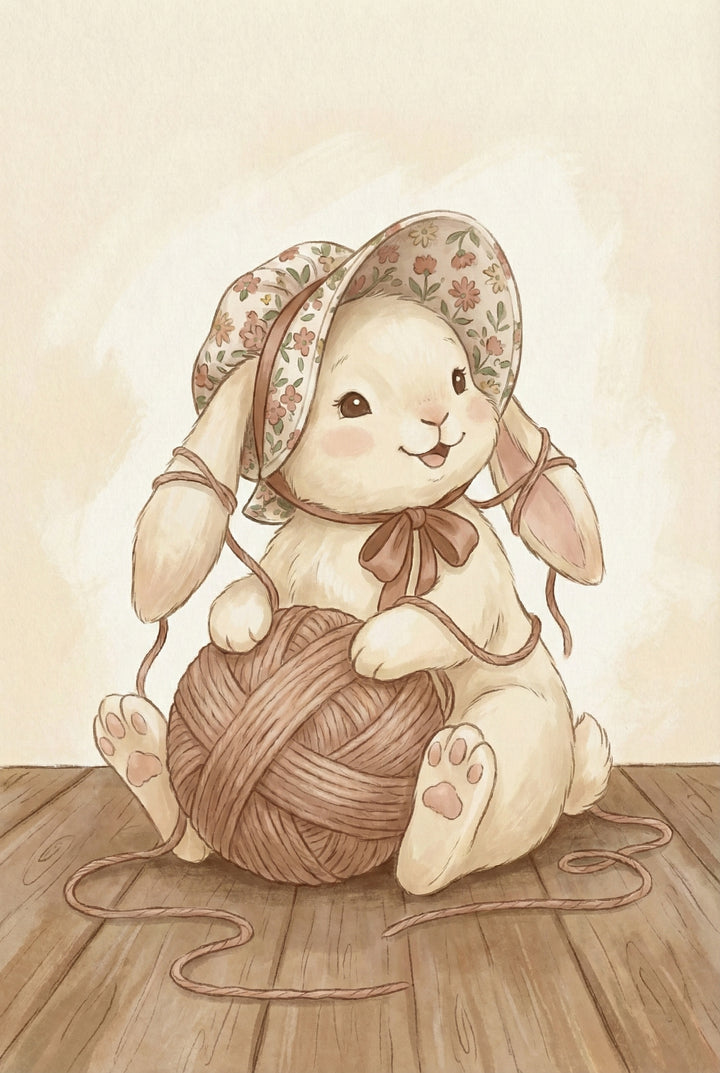 Illustration of a cream colored bunny sitting on a wooden floor holding a large ball of brown yarn. The bunny wears a floral bonnet tied with a bow and loose strands of yarn trail across the floor. The cozy indoor setting feels warm and handcrafted.
