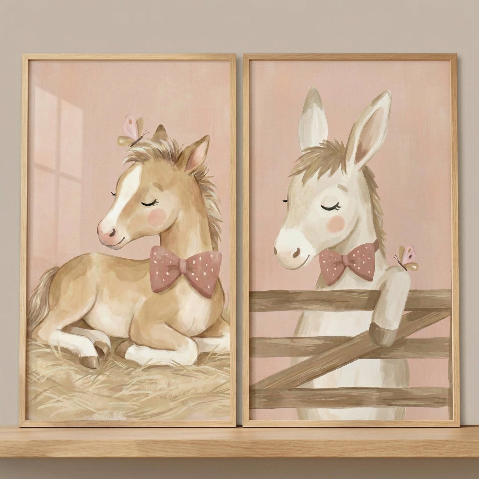 A set of two framed wall decorations is displayed side-by-side on a light wood shelf. The artwork features soft, gentle illustrations of young farm animals in a muted color palette.

On the left, a young, light-brown horse is shown lying down on a bed of golden straw. The animal has a white muzzle, closed eyes, and soft pink cheeks, giving it a peaceful expression. It wears a dusty pink bow tie with white polka dots, and a small, delicate butterfly is perched on its head.