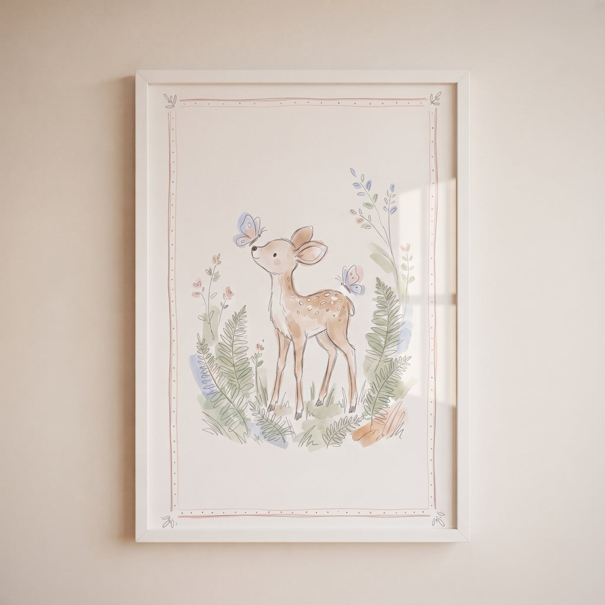 Framed watercolor butterfly baby fawn wall art featuring a young deer in a meadow with butterflies and soft greenery.