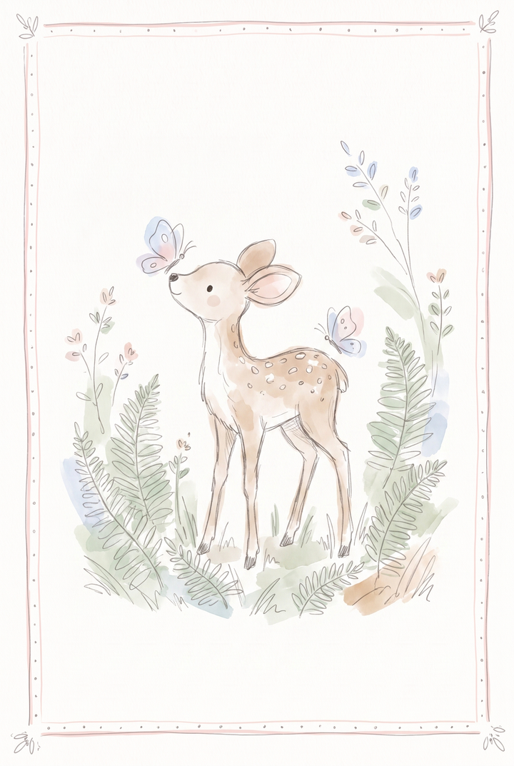 Watercolor butterfly baby fawn wall art featuring a gentle spotted deer among soft green ferns and colorful butterflies.