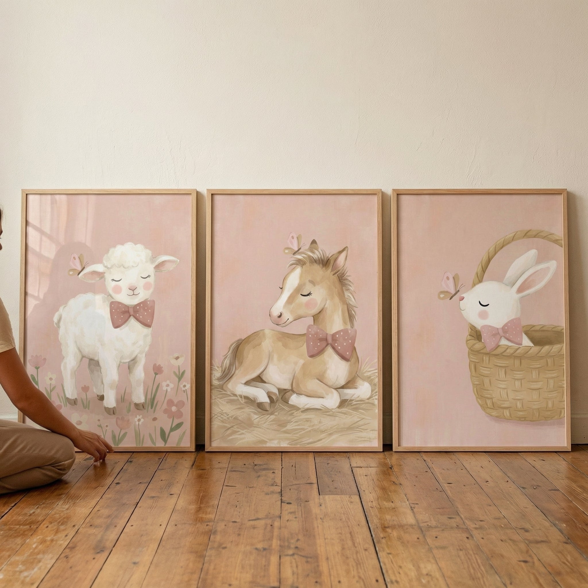 Watercolor Butterfly Farm Animal Wall Art Set of 3 - Pink Nursery Trio