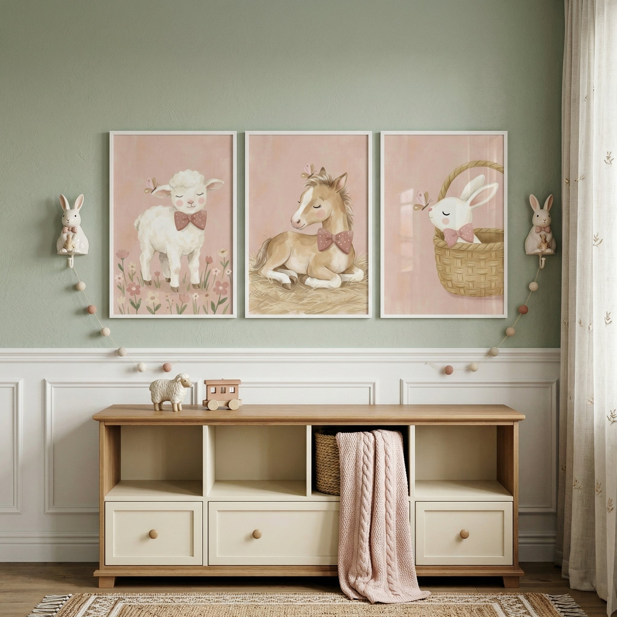 Watercolor Butterfly Farm Animal Wall Art Set of 3 - Pink Nursery Trio